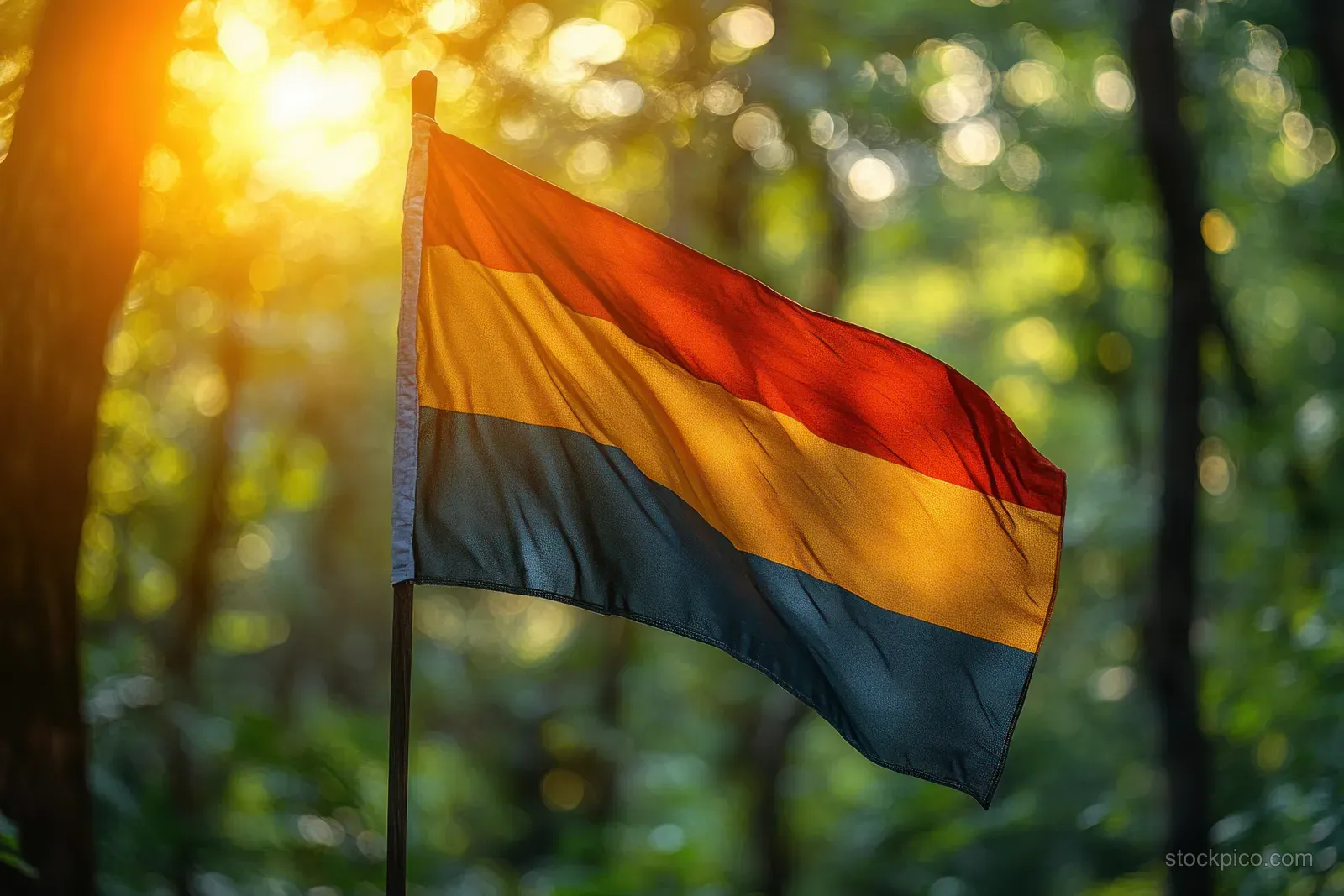 A rainbow flag waves on a pole in front of sunlit trees.
