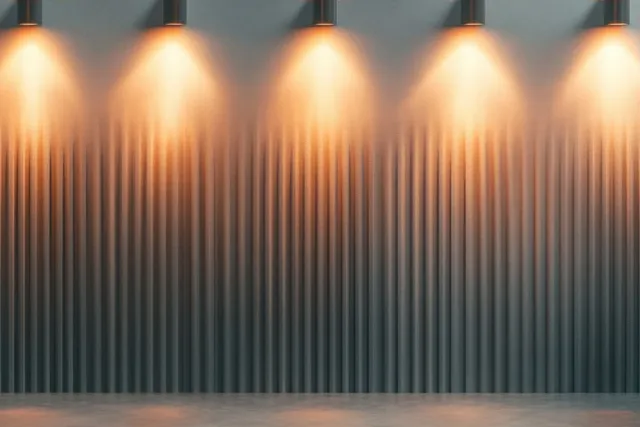 Warm spotlights illuminate a dark vertically ridged wall, reflecting on a polished floor beneath.