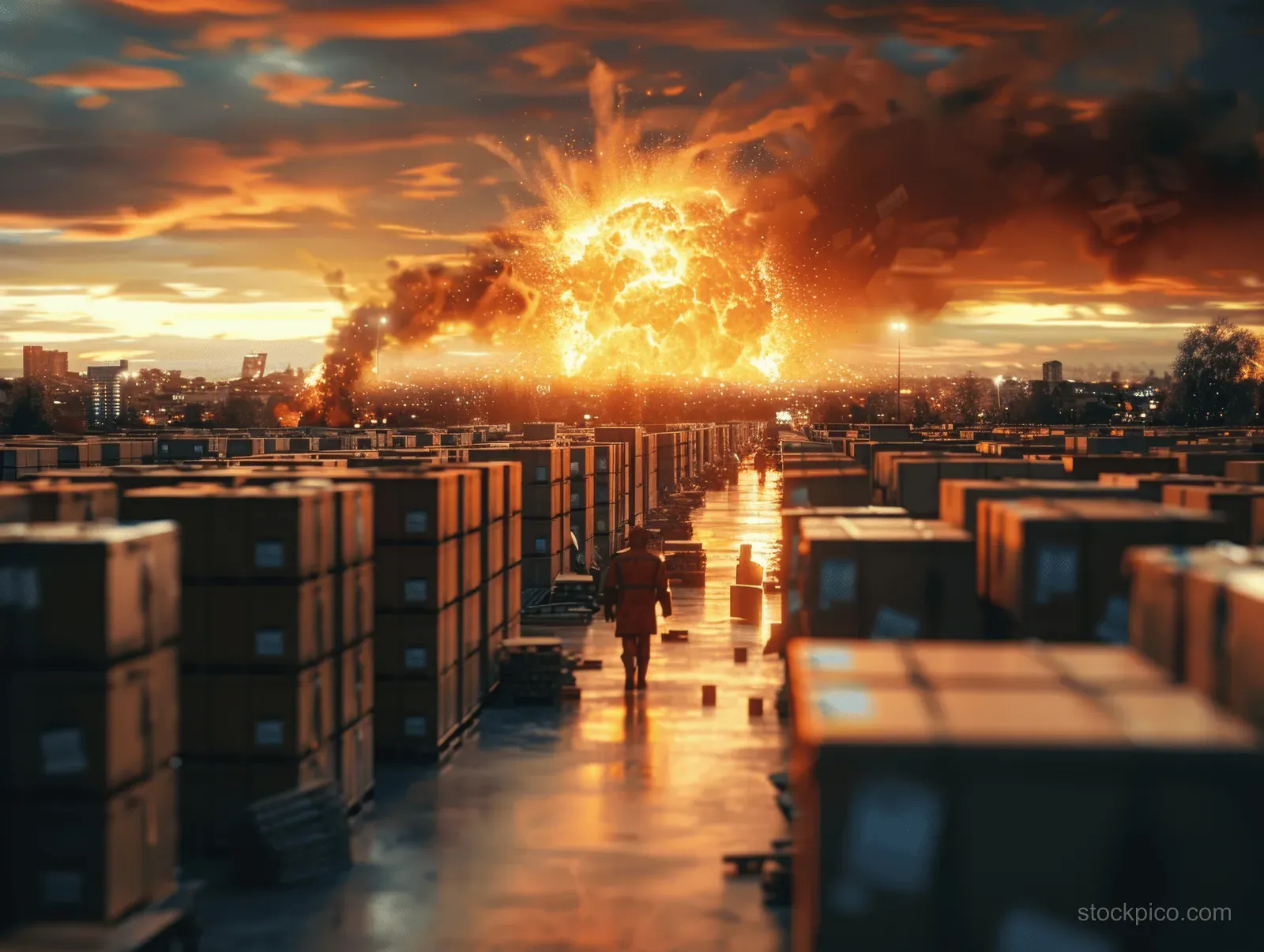 A distant mushroom cloud and firestorm erupt above a city skyline while buildings and streets burn below.