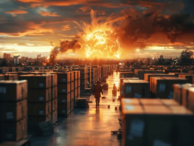 Nuclear blast over city skyline with mushroom cloud, firestorm, and glowing blast wave