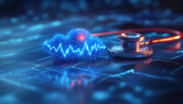 A stethoscope lies on a blue digital screen beside a glowing cloud and a heartbeat line signal.