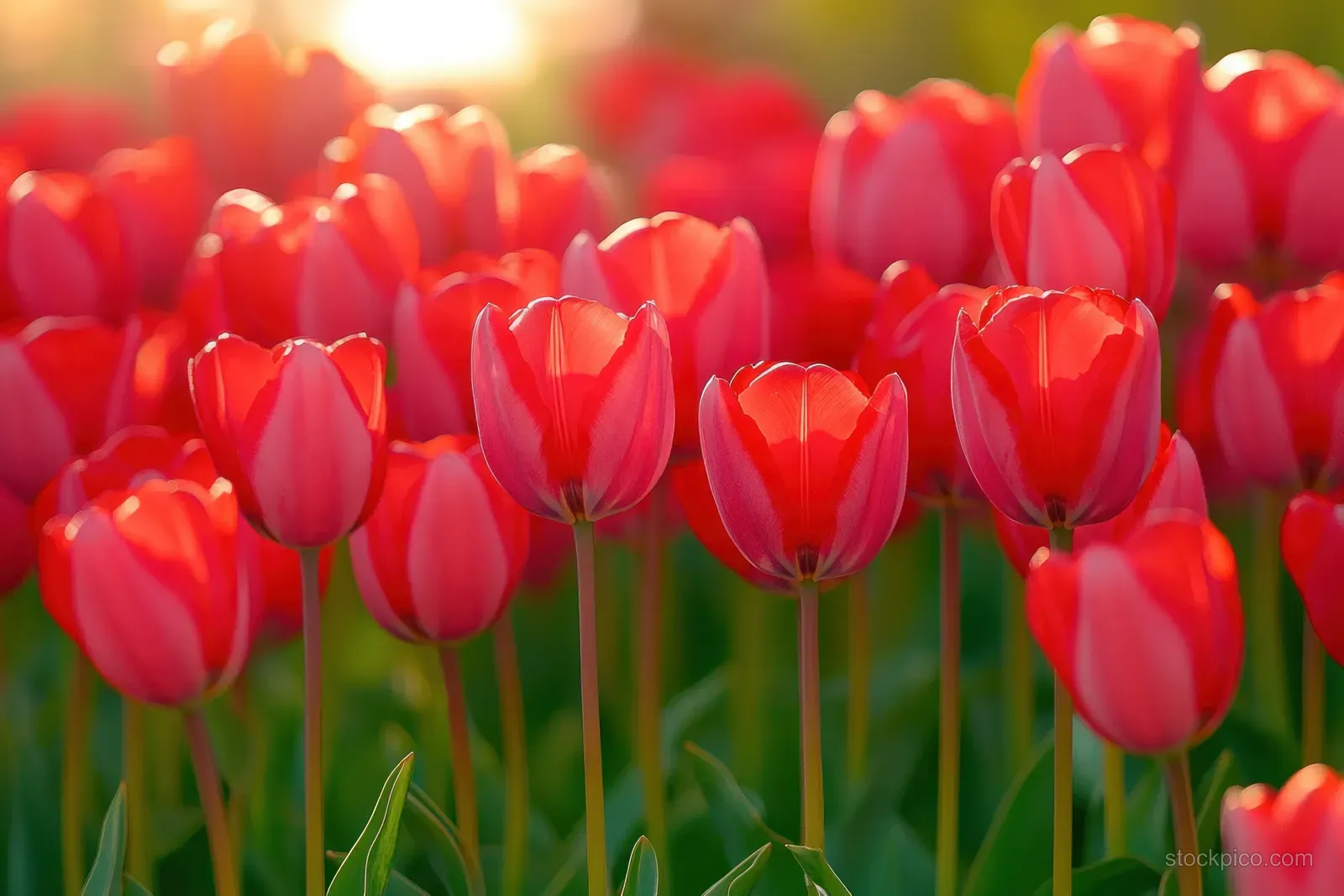 Red tulips bloom in a sunny outdoor field with warm golden light and green stems.