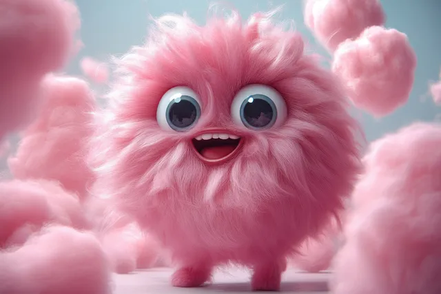 Fluffy pink creature with big eyes and grin running through cotton clouds in blue sky