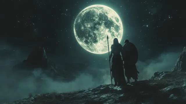 Two armored warriors with spears stand on a rocky hill under a glowing full moon and starry sky.