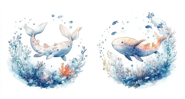 Watercolor underwater illustration of two whales among sea plants with bubbles and faint shell-like details.