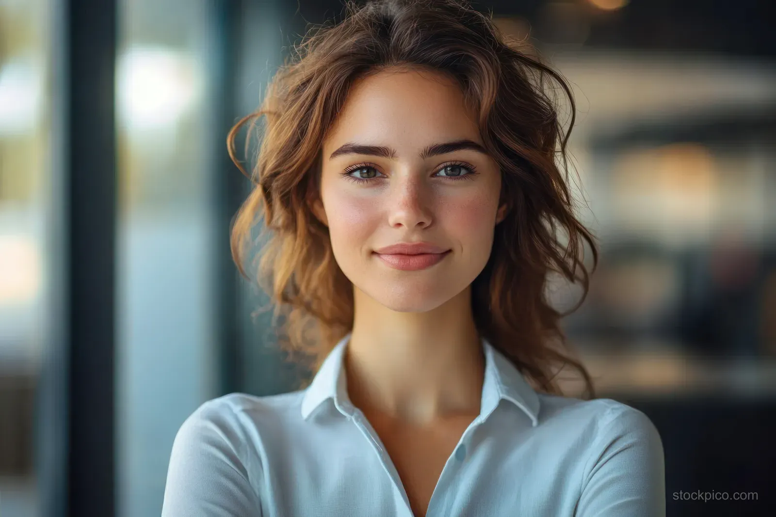 A smiling businesswoman stands with arms crossed in a modern office.