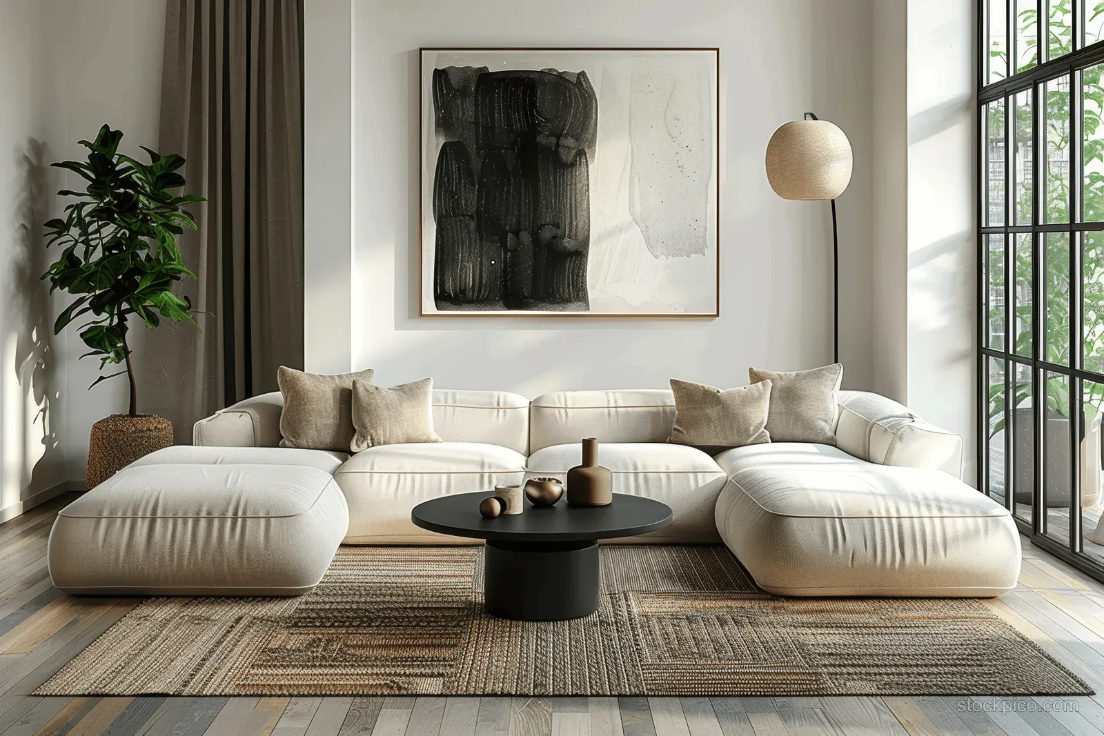 Minimalist living room with beige sectional sofas, a black coffee table on a jute rug, framed art, and bright window light.