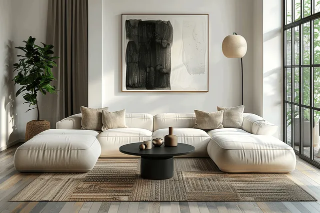 Minimalist living room with beige sectional sofas, a black coffee table on a jute rug, framed art, and bright window light.