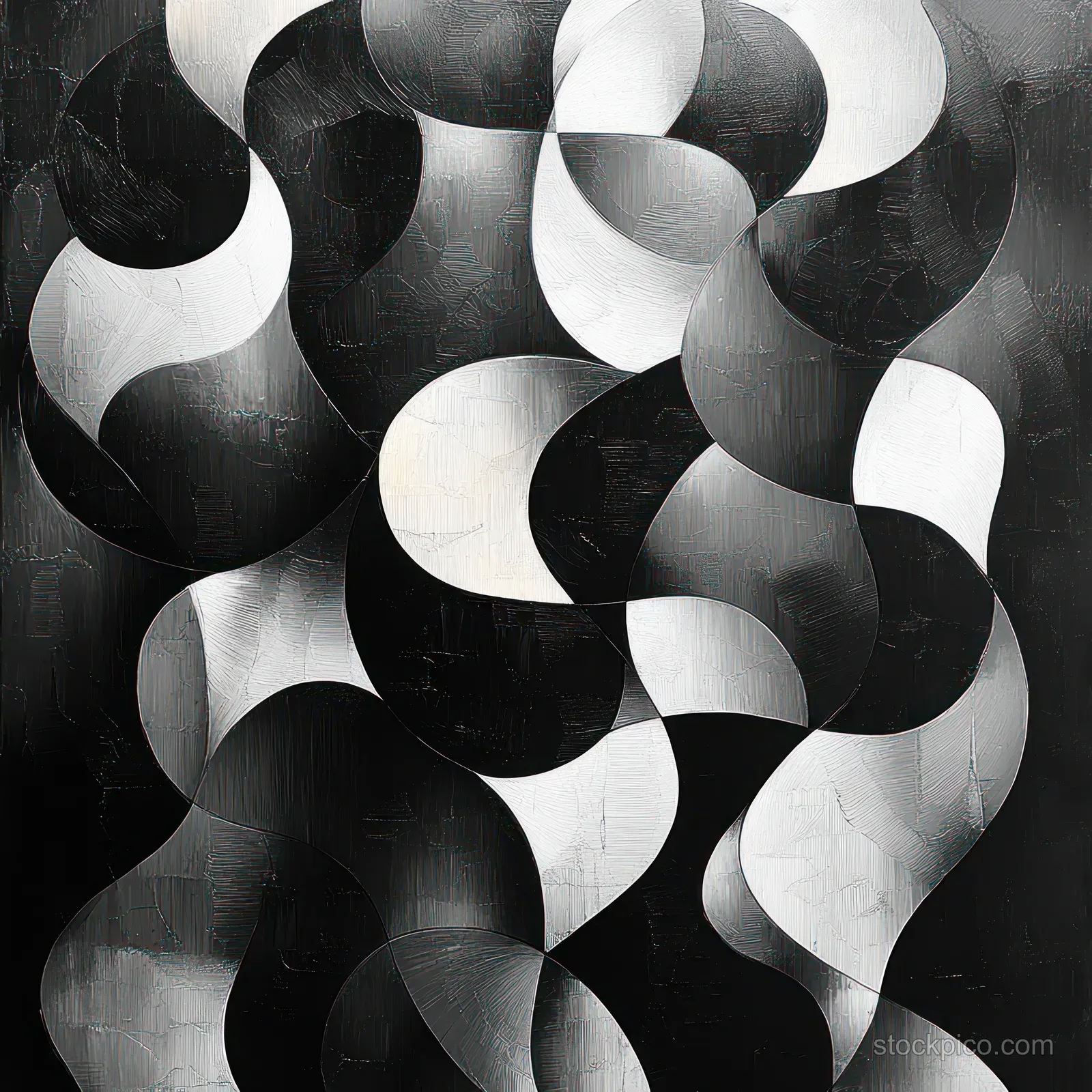 Monochrome abstract pattern of overlapping curved geometric ribbons with high-contrast light and dark shading.