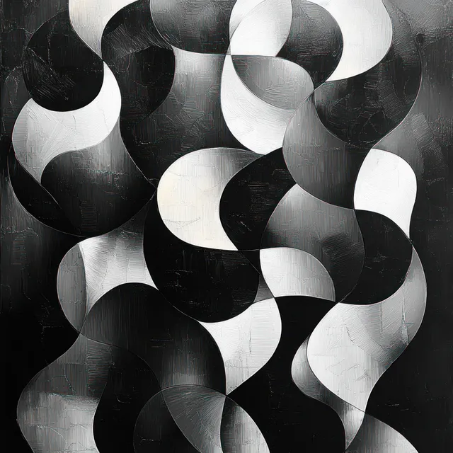 Monochrome geometric ribbon shapes overlap in abstract pattern with curved negative space