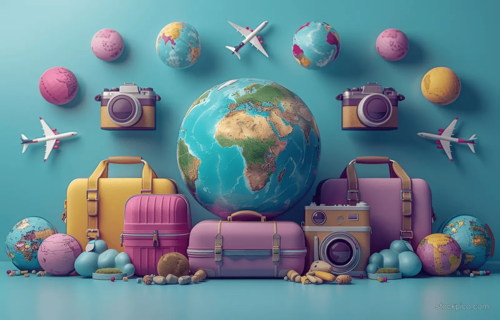 A globe sits between colorful suitcases, cameras, and floating airplane icons on a purple background.