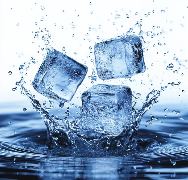 Ice cubes splashing into water with sharp droplets and sparkling reflections