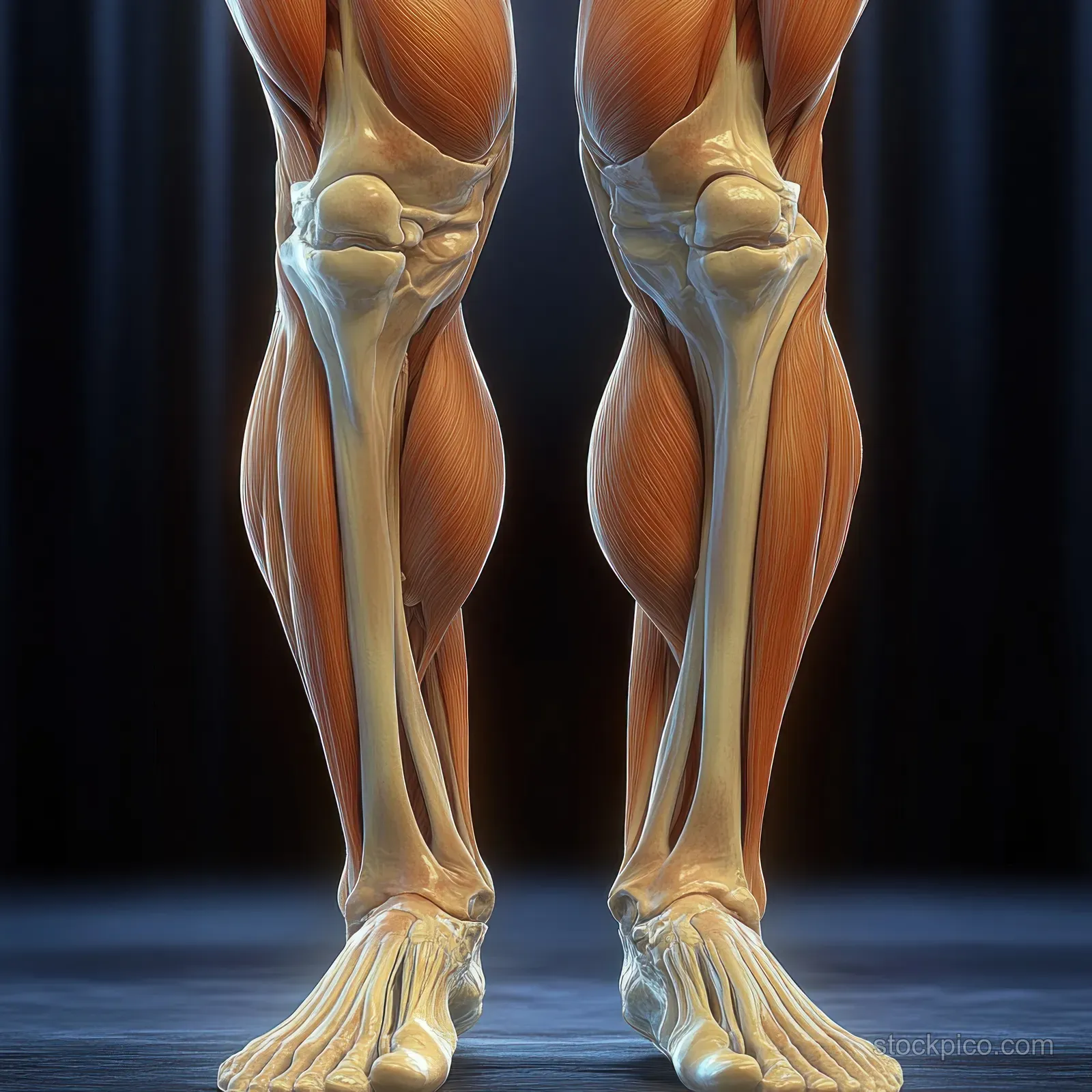 Anterior view 3D anatomical legs highlighting quadriceps muscles and knee joint with visible bone contours.