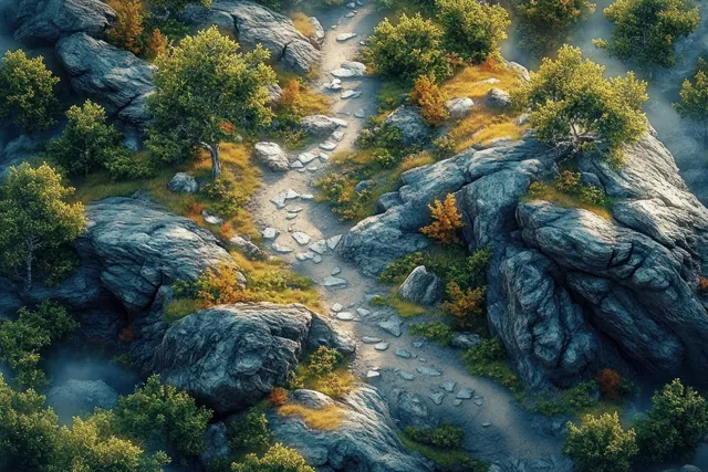A winding river runs through rocky boulders as dense trees frame a monster battle scene for an RPG map.
