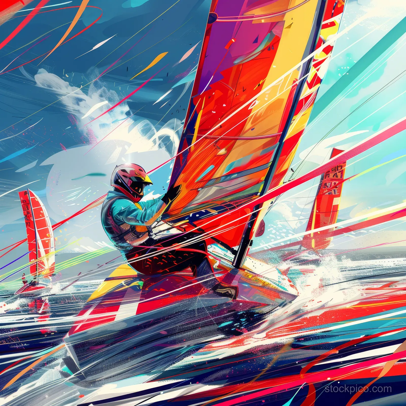 A German sailor in a futuristic Finn sailboat races across churning waves with colorful motion streaks behind the sails.