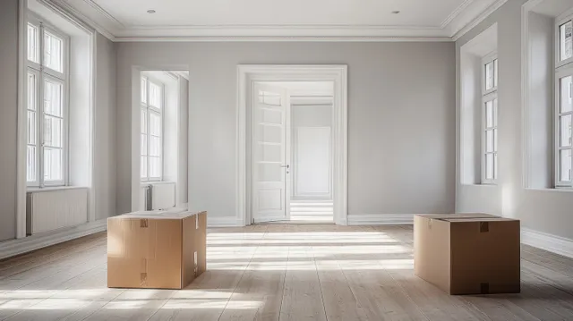 Sunlit empty room with wooden floor, two cardboard boxes, and an open doorway leading to another similar room.