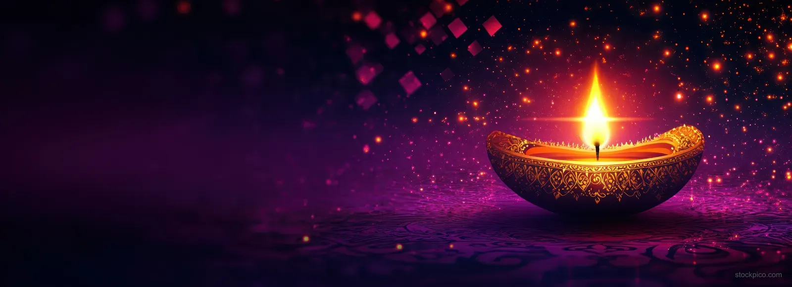 A glowing oil lamp with a bright flame on a purple background with sparkling festive lights.