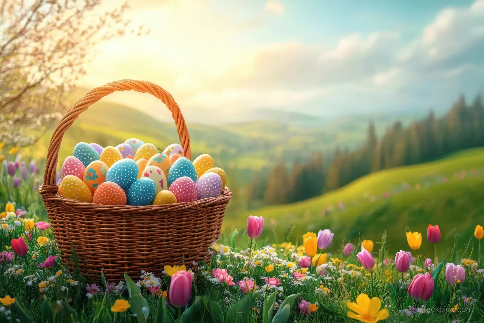 Colorful Easter eggs in a wicker basket surrounded by spring flowers on a sunny meadow.
