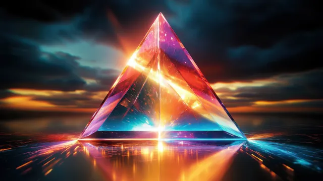 Glowing transparent triangular prism emitting colorful light with reflections at sunset horizon