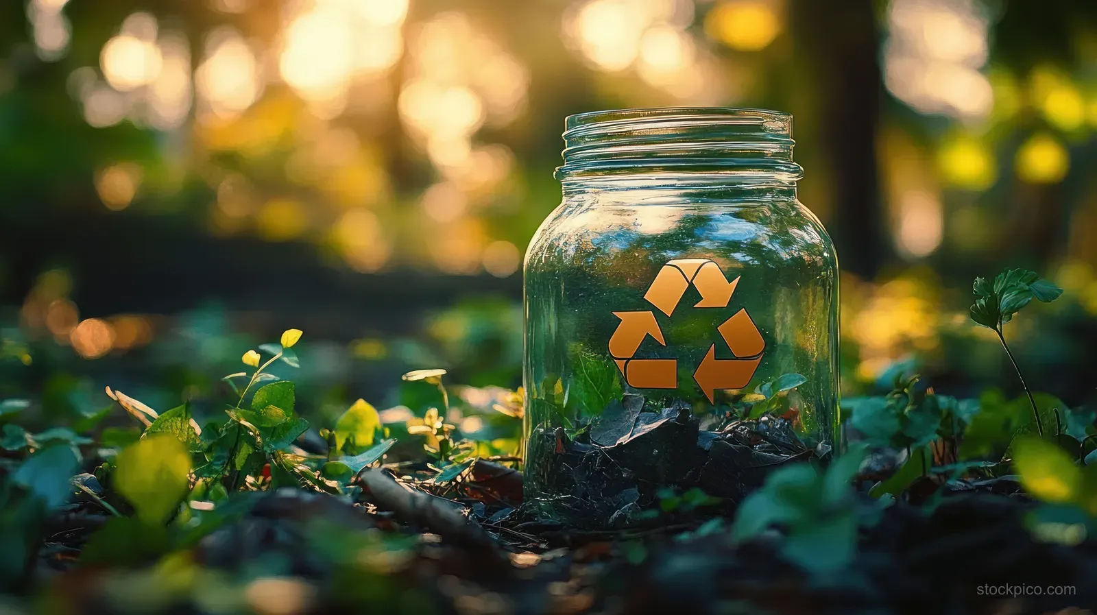 Glass jar with a recycling emblem rests among forest leaves in warm golden sunlight.