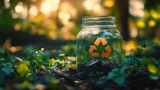 Recycling symbol glass jar surrounded by forest leaves at golden sunrise