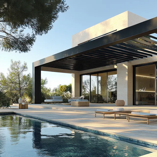 Adjustable slatted bioclimatic pergola shades a modern white house terrace next to a pool with reflections.