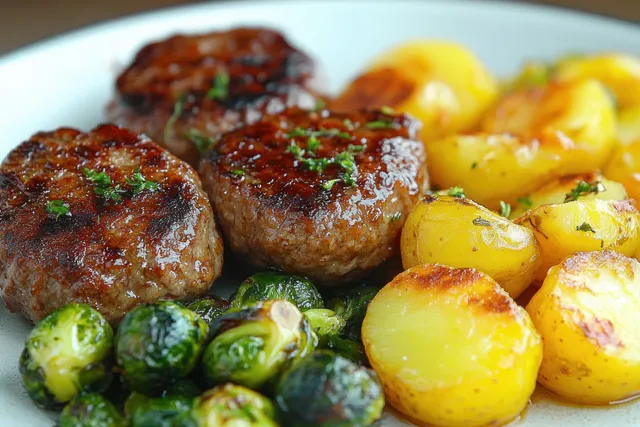 Seared pork patties with boiled potatoes and sautéed Brussels sprouts on a white plate with Shallow Depth Of Field