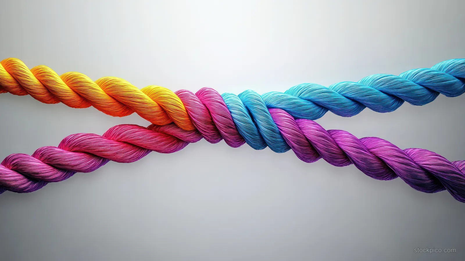 Vibrant braided ropes are intertwined and tied into a single connected unity symbol against a gray background.