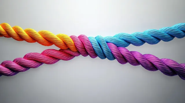 Colorful braided ropes tied together forming a connected team unity symbol