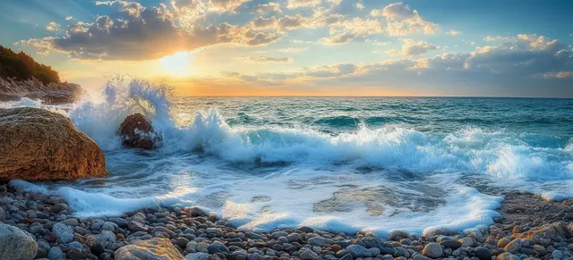 Sunset over rocky pebble beach with waves crashing against boulders under clouds