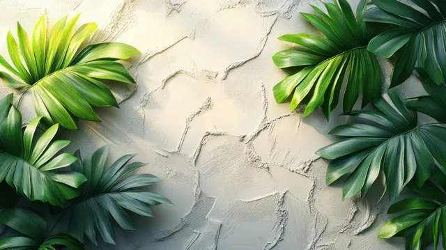Green palm fronds cast intricate shadows on a smooth white wall in natural light.