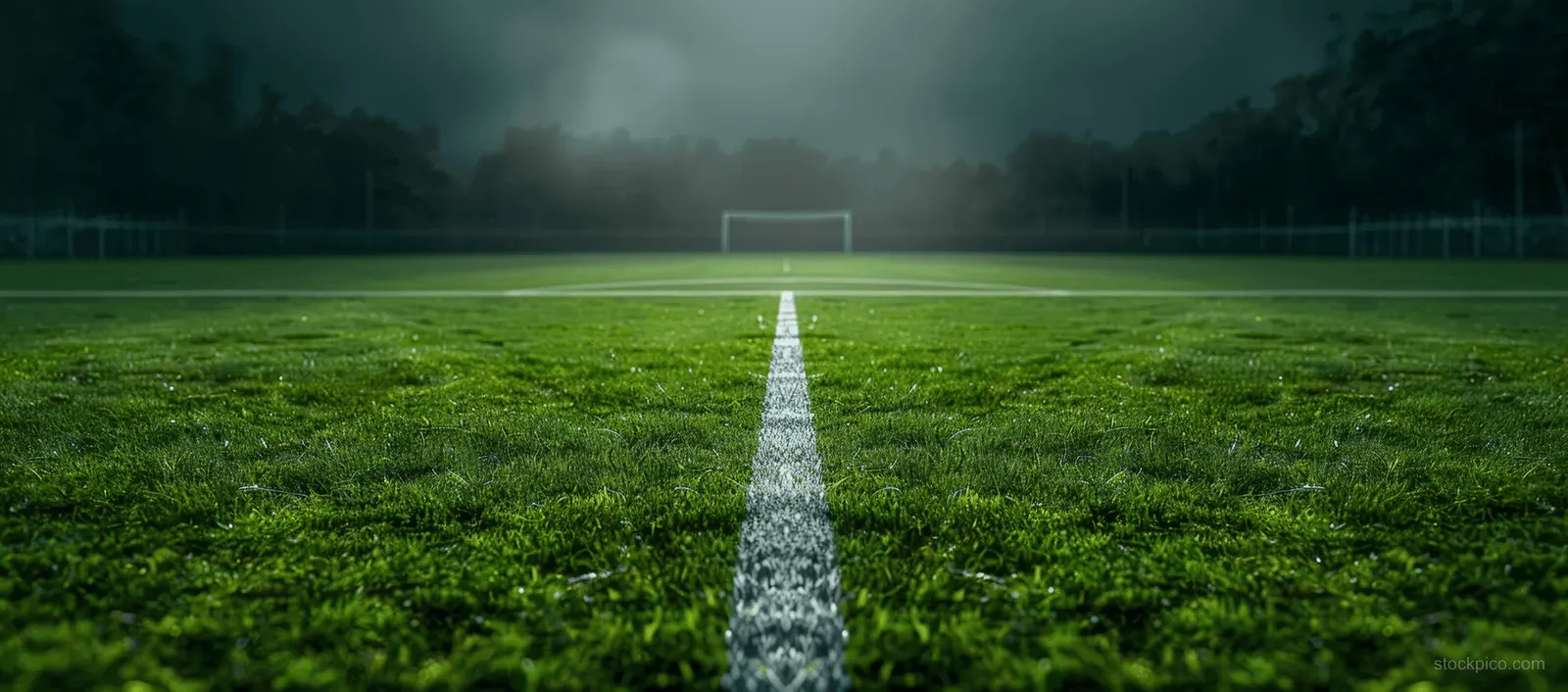 Soccer field center line recedes into neon fog under a dark night sky with the goal in the distance.