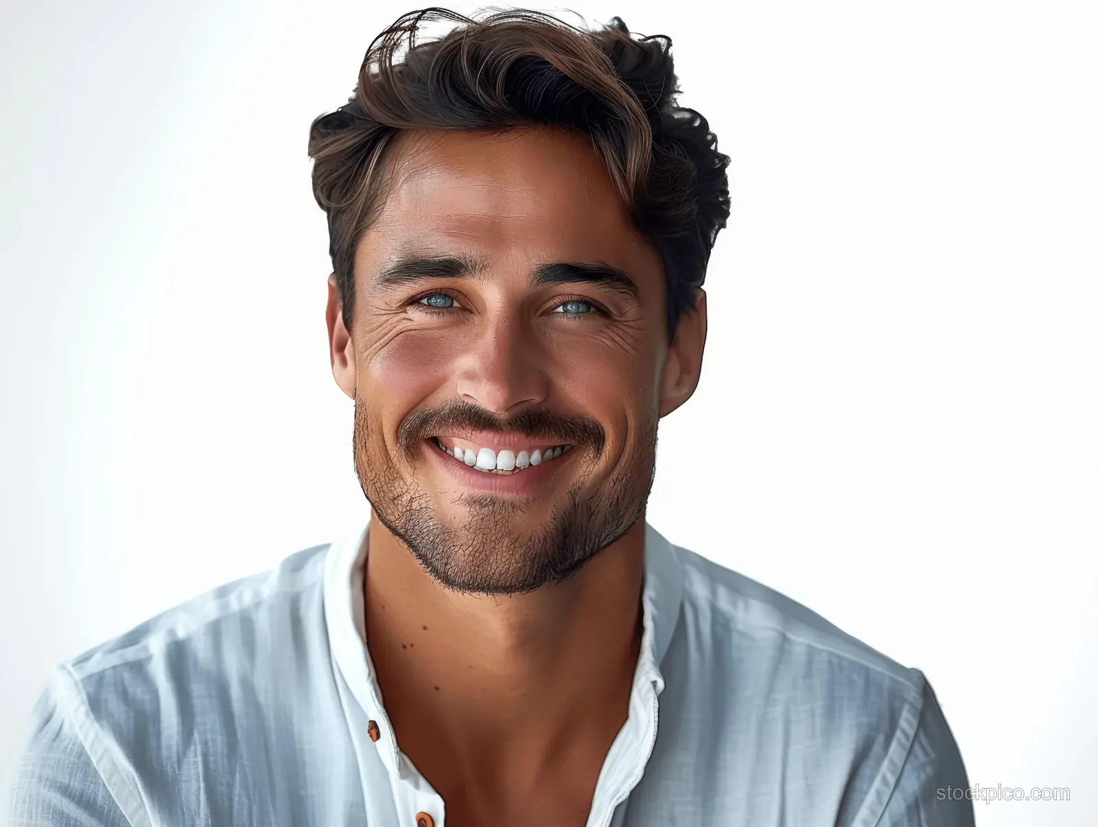 Smiling bearded man in a white shirt portrait against a bright clean background.