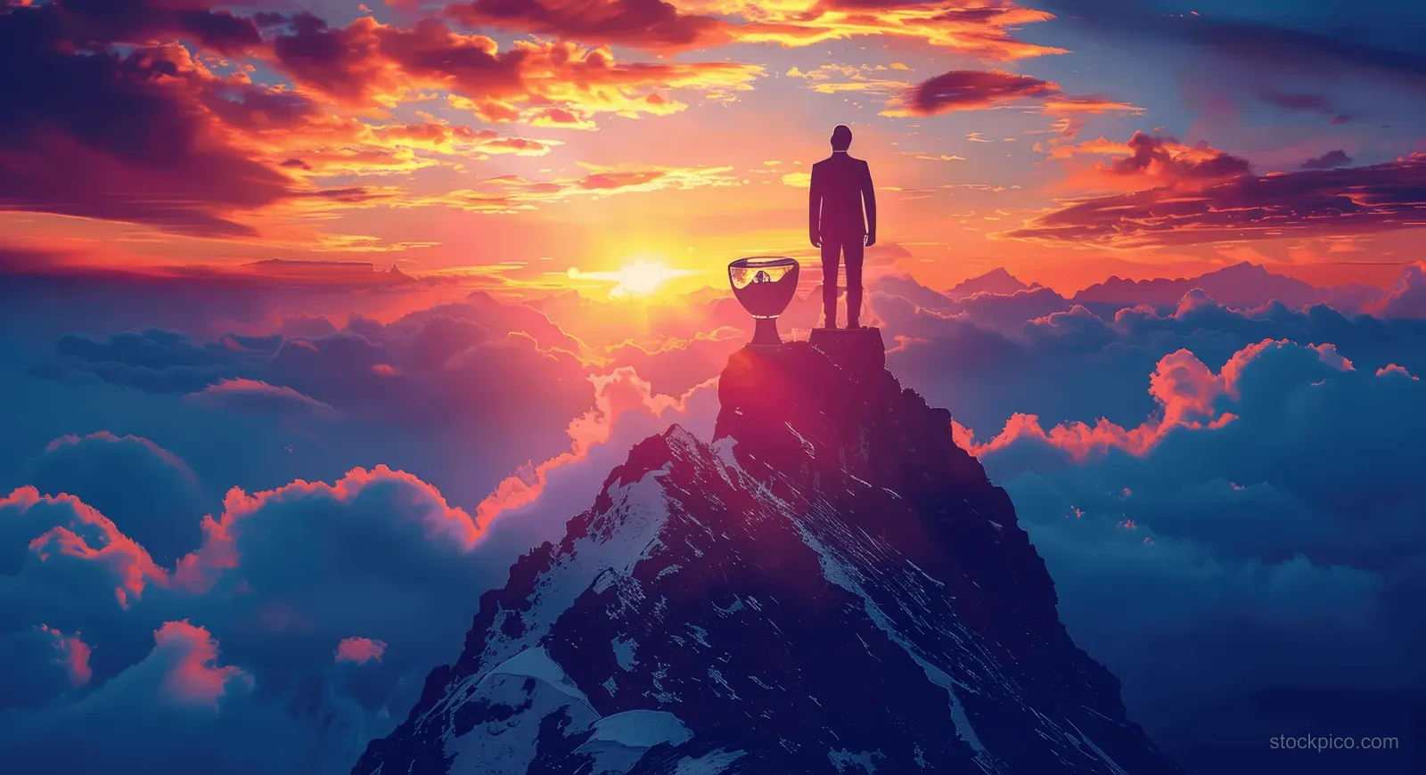 Silhouetted man holding a trophy atop a mountain peak as sunrise lights up dramatic clouds.