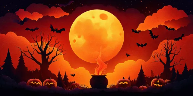 Glowing orange full moon over a dark Halloween forest with bats flying and lit carved pumpkins along the ground.