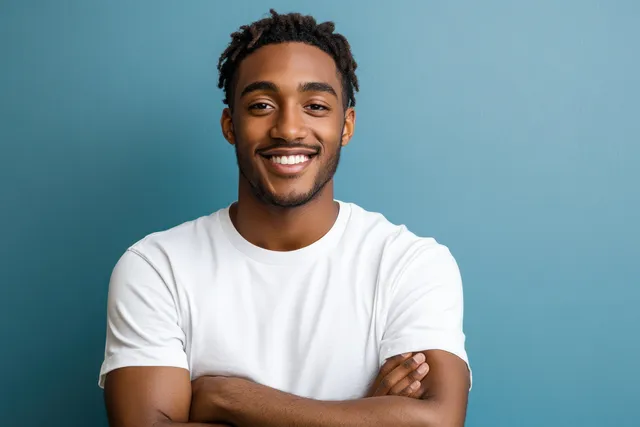 Smiling young man with short dreadlocks in a white t-shirt arms crossed