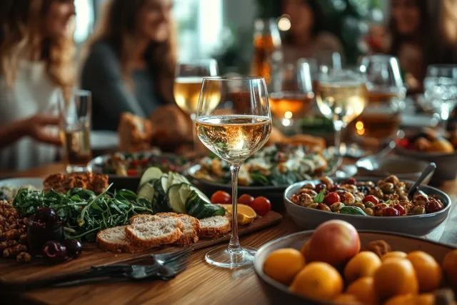 Friends clink cocktails and share appetizers at a cozy holiday bar table