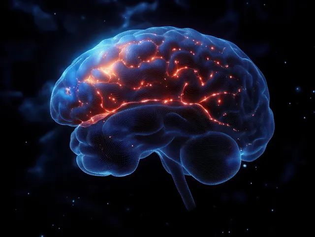 Glowing human brain profile with bright branching neural connections floating on a dark background.