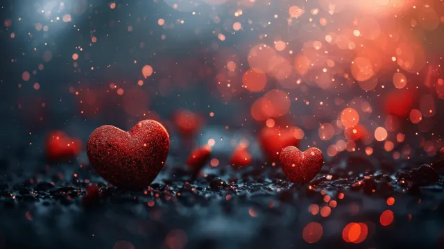 Red heart shapes fall through glittering particles across a dark blurred bokeh background.