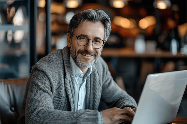 Smiling businessman in sweater and tie typing on laptop at office café counter