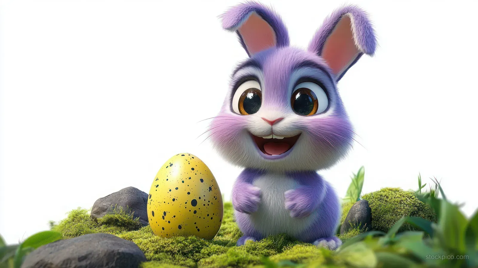 Purple and white bunny smiling beside a large speckled yellow egg on moss with small rocks and green plants.