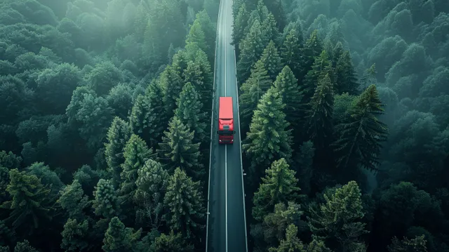 Aerial view of a red truck driving down a highway bordered by dense evergreen forest.