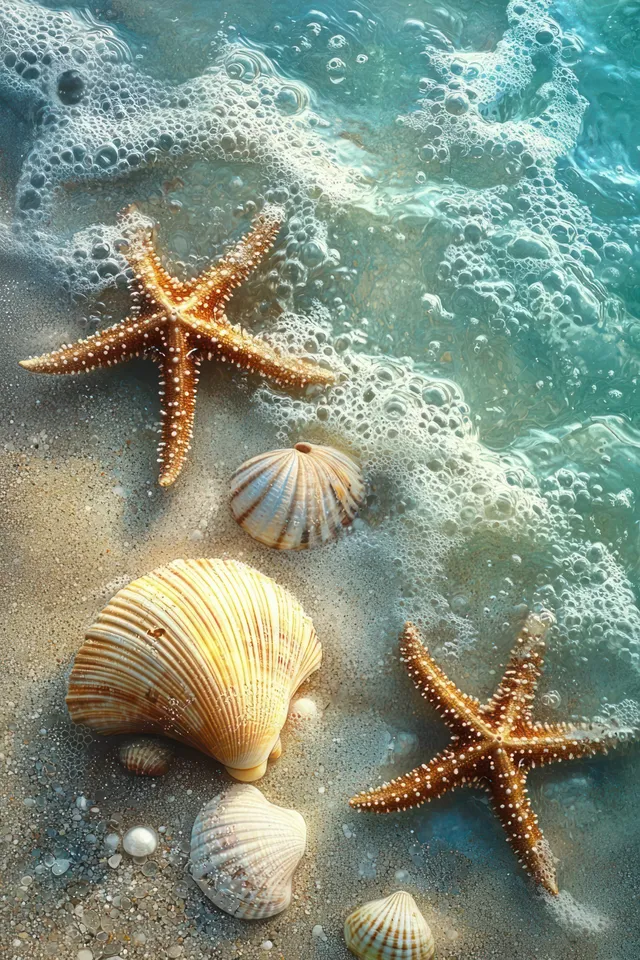 Starfish and seashells rest on sandy seabed with bubbles and sunlit teal water around them.