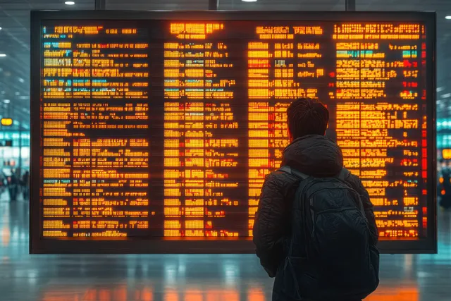 A traveler with a backpack examines a bright orange digital flight information board in a modern airport terminal.