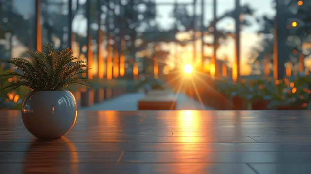 Empty office interior with glass windows, sunset glow, and softly blurred desk foreground