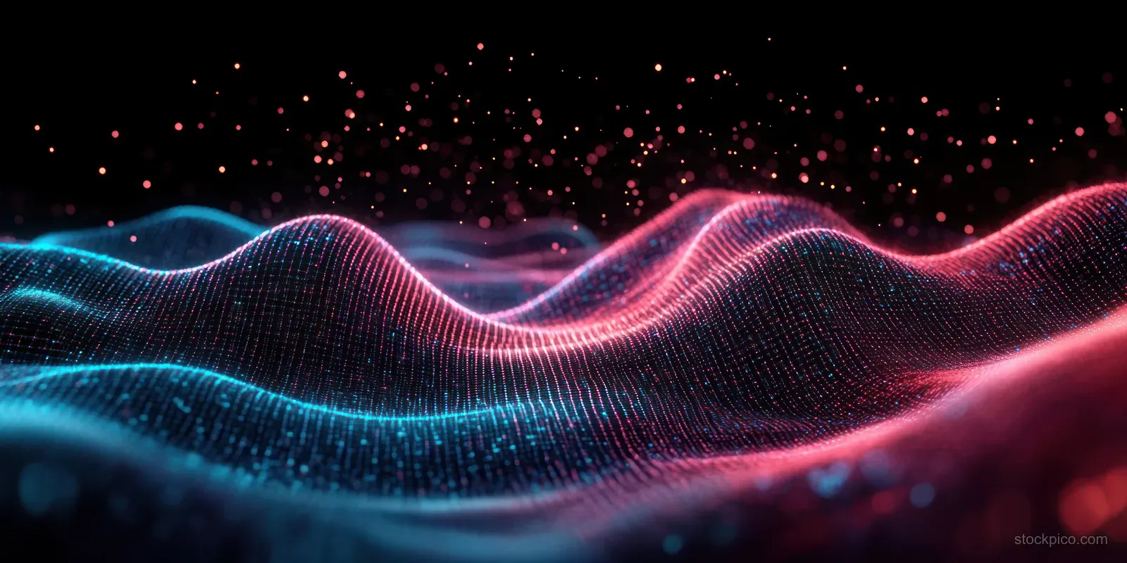 Neon quantum wave crests ripple across a digital grid while glowing particles scatter above them.
