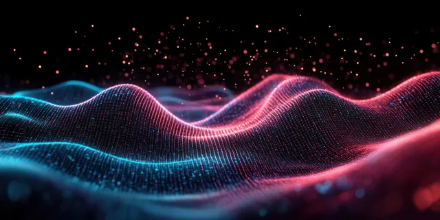 Neon quantum wave crests ripple across a digital grid while glowing particles scatter above them.