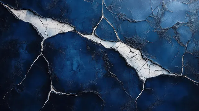 Close-up of a cracked blue plaster wall with lighter underlayer exposed through intersecting fractures.