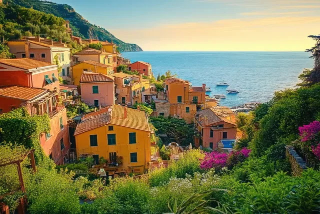Colorful hillside houses overlook a calm sea at sunset, with boats, boats in the water, and green vegetation with blooming flowers in front.