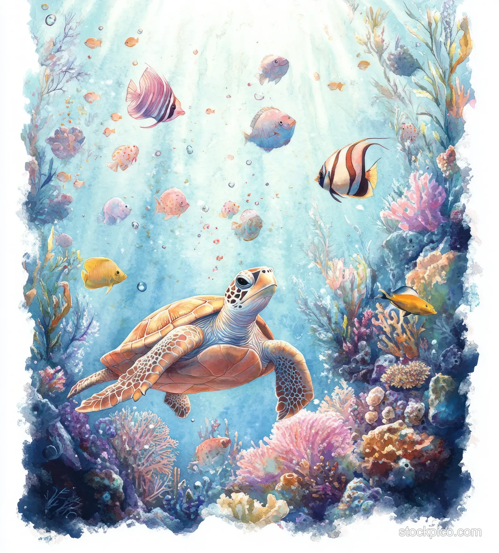 A sea turtle swims over coral reef rocks while tropical fish and bubbles float in the underwater scene.